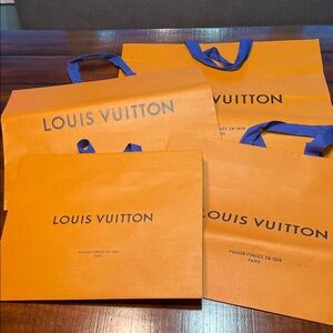 Louis Vuitton Orange Shopping Bags with Blue Ribbon Handles